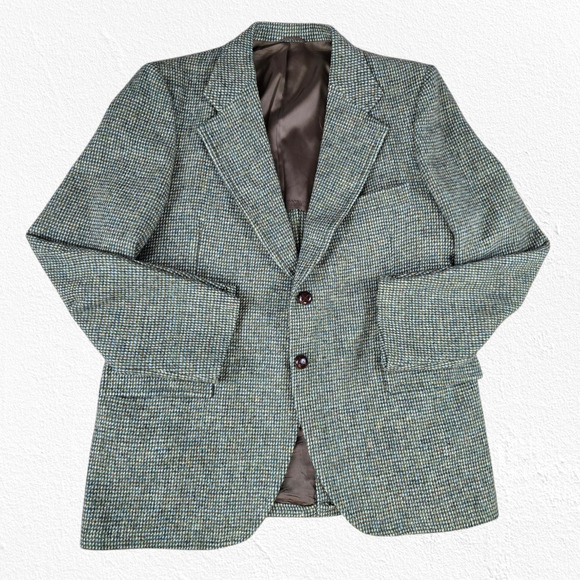 1950s Vintage Green Harris Tweed Blazer Jacket USA Made Scottish Wool Size 46R - Picture 1 of 13